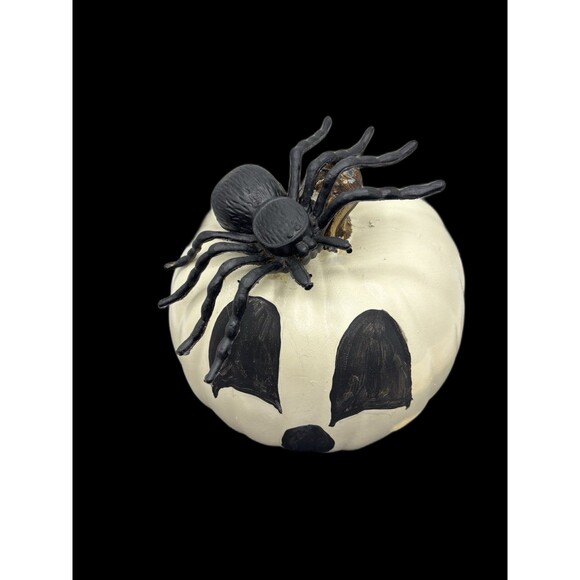 Handcrafted White/ Black Painted Halloween Jack A Lantern With Spider - Picture 5 of 8